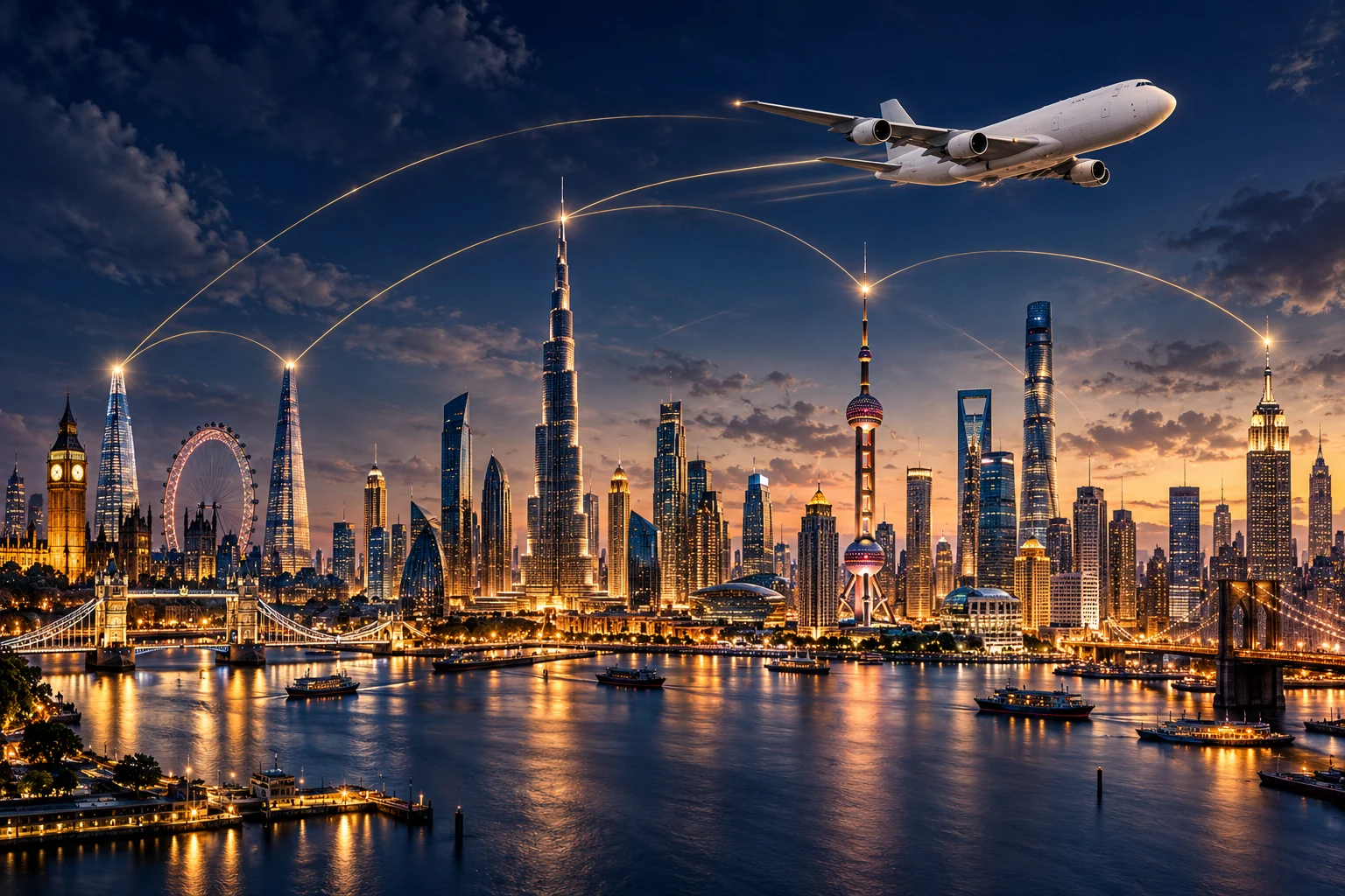 Concept panorama of global cities connected by air